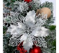 Set of 15 Artificial Glitter Flower Decorations for Hanging on Xmas Trees, Suitable for Party, Wedding, and Home Tree Decorations (Silver 1pc)