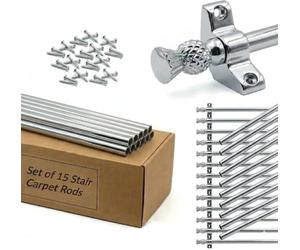 Set of 15 Stair Carpet Rods, 70cm Satin Chrome Stair Runner Rods with Thistle Finials, Heavy Duty Metal Rods, Complete with Brackets & Fixings, Suitable for Carpet Runners up to 70cm Wide