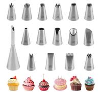 Set of 16 Large Stainless Steel Piping Nozzles, Professional Nozzles for Piping Bags, Medium Puff Nozzles, Flower Piping Nozzles, Tips Nozzles, etc. Decoration Attachments for Cakes, Cakes, Cupcakes