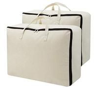 Set of 2, 100% Canvas Eco-friend Storage Bags with 3-side Zip Open & Handles, Good for Bedding set, House Move or Winter Clothes Storage in Wardrobe, Beige