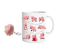 (Set of 2) 1x Funny Pig Mug Oink Oink Here Piggy Picture Ceramic Photo Mug Coffee Tea Cup with 1x Cute Cartoon Pig Keychain Led Light Torch and Oinking Sound Keyring Keyholder (Pink)