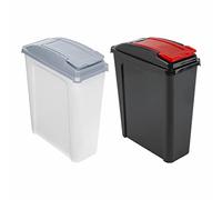 Set of 2 - 25L Litre Recycle Kitchen Waste Bin Heavy Duty Plastic Flip Lid with Removable Lid Rubbish Dustbin Trash Can For Home Office Storage of Animal Feed Made in UK (Cool Grey/Clear and Red)