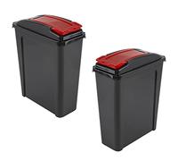 (Set of 2) 25L Plastic Indoor Slimline Recycle Bin With Colour Coded Flap Lid for Home Kitchen Bathroom - Made in UK (Red)