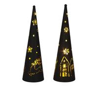 Set Of 2 35cm LED Black Metal Cones With Christmas Cut-Out Patterns And Winter Village Scene, Warm White Battery Operated Decorative Lights For Festive Home Decor On Tables Mantels And Windowsills