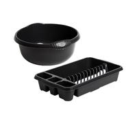 (Set Of 2) 36cm Round Midnight Greyish High Grade Plastic Washing Up Bowl With Stylish Medium Dish Drainer Plate Rack Draining Board Tray Stand Sink Holder Organiser Kitchen Home & Restaurants