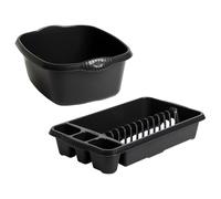 ( Set Of 2 ) 39cm Midnight Greyish Rectangular High Grade Plastic Washing Up Bowl With Stylish Medium Dish Drainer Plate Rack Draining Board Tray Stand Sink Holder Organiser Kitchen Home & Restaurants