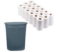 Set of 2-45 Litre Large Laundry Basket with Flip Lid Knit Design Plastic Hamper Bin Storage Basket With 36 rolls x 22M White Toilet Roll Toilet Tissue Paper Soft 2-Ply Loo Roll For Home (Blue)