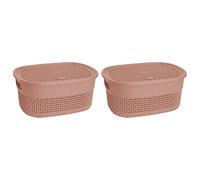 (Set of 2) 4L Litre Multipurpose Plastic Storage Basket with Lid & Handles Stackable Canvas Storage box Handy Basket Storage Container for Kitchen Bathroom Kids Toys Nursery Shelves Cupboards (Pink)