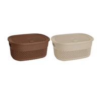 Set of 2-4L Litres Plastic Storage Basket with Lid and Handle Oval Shape Shelf Basket Bathroom Basket Knit Design Toy Boxes Plastic ETC Baskets Home and Office Organiser (Beige and Brown)