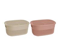 Set of 2-4L Litres Plastic Storage Basket with Lid and Handle Oval Shape Shelf Basket Bathroom Basket Knit Design Toy Boxes Plastic ETC Baskets Home and Office Organiser (Beige and Pink)