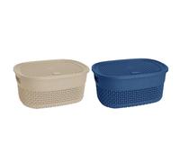 Set of 2-4L Litres Plastic Storage Basket with Lid and Handle Oval Shape Shelf Basket Bathroom Basket Knit Design Toy Boxes Plastic ETC Baskets Home and Office Organiser (Beige and Blue)