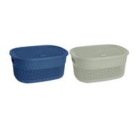 Set of 2-4L Litres Plastic Storage Basket with Lid and Handle Oval Shape Shelf Basket Bathroom Basket Knit Design Toy Boxes Plastic ETC Baskets Office Stackable Lidded ETC Basket (Blue and Green)
