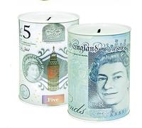 KAV Sterling Money Tin - Piggy Bank, Coin and Cash Box, Savings Container for Birthday, Holiday and Christmas Funds - Cylindrical Shape, Multicolour (15 cm x 10 cm) (Set of 2 £5)