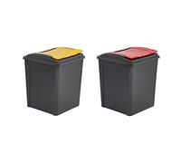 (Set of 2) 50L Litre Recycle Bin Plastic Indoor/Outdoor Recycling Waste Bin With Colour Coded Flap Lid Kitchen Garden Rubbish Bin Dustbin Trash Can Refused Bins Office Commercial Bins (Red+Yellow)