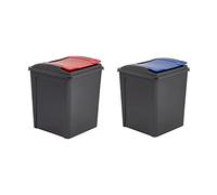 (Set of 2) 50L Litre Recycle Bin Plastic Indoor/Outdoor Recycling Waste Bin With Colour Coded Flap Lid Kitchen Garden Rubbish Bin Dustbin Trash Can Refused Bins Office Commercial Bins (Red & Blue)