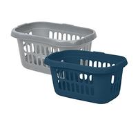 (Set of 2) 60L Litre Large Plastic Hipster Laundry Basket Storage Clothes Washing Basket Laundry Hamper Basket Organiser For Toys Bathroom Laundry Room Kids Nursery (Silver + Navy)