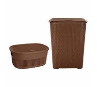 Set of 2-65L Litre Large Laundry Basket With 4L Multipurpose Storage Basket, Knit Design Laundry Hamper Bin Plastic Storage Box With Lid Storage Container Lidded Bin Box (Brown)