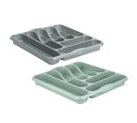 (Set of 2) 7 Compartment Large Plastic Cutlery Holder Tray Drawer Organiser Rack Holder Kitchen Cutlery Tray Silverware Flatware Storage Organizer For Spoons Forks Knives Holder (Silver & Silver Sage)