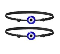 Set of 2 Adjustable Black String Evil Eye Bracelets - Handmade Protection Amulets with Blue Turkish Glass Beads & Meaning Cards | Unisex Wax Nylon Cord for Men, Women & Teens