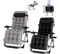Set of 2 Adjustable Loun Chairs Foldable Outdoor Recliners with Cup Holders & Headrests for Garden Patio Balcony Home Office (Black & Gray)