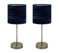 Set of 2 Antique Brass Stick Table Lamps with Navy Blue Velvet Shades