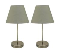 Set of 2 Antique Brass Stick Table Lamps with Sage Green Fabric Shades