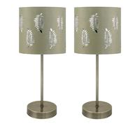 Set of 2 Antique Brass Stick Table Lamps with Sage Green Fern Shades