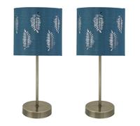 Set of 2 Antique Brass Stick Table Lamps with Teal Fern Cut Out Shades