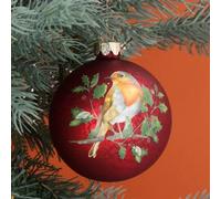 Set of 2 antique design red Glass christmas tree Baubles with Robin design 8 cm