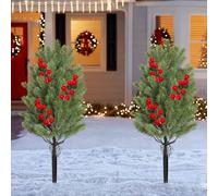 Set of 2 Artificial Cedar Topiary Trees, 24 Inches Faux Cypress Plants with Ground Spike for Front Door, Decorative Christmas Trees for Indoors & Outdoor (B)