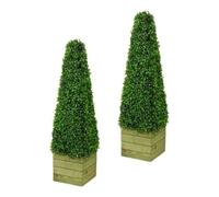 Set Of 2 Artificial Pyramid Trees 90Cm Uv Resistant Topiary In Wooden Planters For Indoor And Outdoor Use