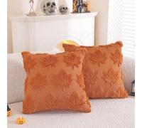 Set of 2 Autumn Throw Pillow Covers 40x40 cm with Maple Leaf Design, Soft Faux Polyester Cushion Cases for Fall, Thanksgiving and Halloween Seasonal Home Decor, Machine Washable (red)