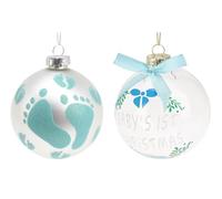 Set of 2 Baby’s First Christmas Ornament Pack, Keepsake Glass Baubles with Blue Bow, “Baby’s 1st Christmas” and Baby Footprints Decoration Gift for New Parents & Newborn Boys