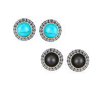 Set of 2 Bali Style Two Tone Black Simulated Onyx Blue Simulated Turquoise Dome Clip On Earrings For Women Non Pierced Ear Silver Gold Plated