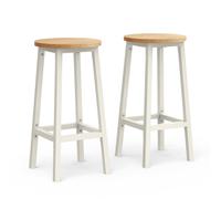 Set of 2 Bar Stools with Metal Frame and Footrest, Oak Beige + Classic White / 65H cm