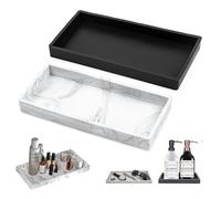 Set of 2 Bathroom Decorative Trays, Rectangular Silicone Storage Trays, Dressing Table, Trays for Bathtub, Kitchen, Toilet, 20 x 10 cm (Marble+Black)