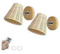Set of 2 Battery Operated Rattan Wall Light Sconces Wall Decor with Remote Dimmable LED Bulb Rustic Woven Wicker Wall Sconces Wood Wireless Wall Lamp for Bedroom Bedside Farmhouse