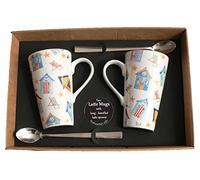 Set of 2 Beach Hut Latte Mugs Gift Boxed with Spoons. Ceramic Latte Mug 3/4pt Capacity