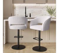Set of 2 Curved Beige Boucle Adjustable Swivel Barstool with Black Metal Base - Runa
