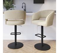 Set of 2 Beige Fabric Adjustable Swivel Curved Bar Stools with Black Base - Runa