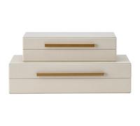 Set of 2 Beige Shagreen Decorative Storage Boxes with Gold Metal Handles - Faux Leather Jewelry & Memory Boxes, Nesting Photo Organizers for Home Decor