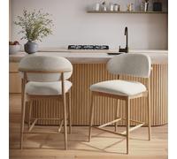 Set of 2 Beige Upholstered Curved Kitchen Stools With Solid Oak Exposed Back - Kori