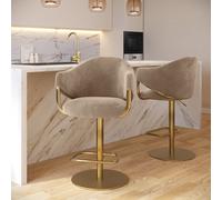 Set of 2 Beige Velvet Adjustable Swivel Bar Stools with Gold Base - Ronnie