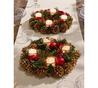 Set of 2 Berries and Baubles Red Round Table Centrepiece Christmas Decoration Candle Holders Tealight Holder 30cm Dibor Red 2 Pack