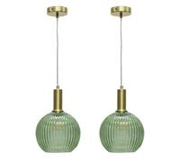 Set of 2 Betchley - Green Ribbed Glass Globe Satin Brass Deco Pendants