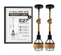 Set of 2 Black Ceiling Light Wire Basket Hemp Rope Pendant Lighting