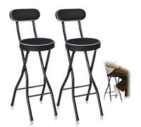 Set of 2 Black Folding Bar Stools with High Padded Backrest Round Portable Chairs for Kitchen & Breakfast Counter 65cm Seat Height Adjustable & Space-Saving