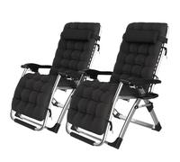 Set of 2 Black Folding Reclining Garden Chairs with Cushed Headrests & Cup Holders - table Outdoor Loun Chairs for Patio Deck Beach and Sunbathing
