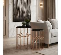 Set of 2 Black Hexagon Top Nesting Side Tables with Rose Gold Metal Frames | Lex