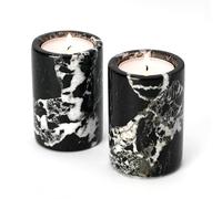 Set of 2 Black Marble Cylinder Tea Light Candle Holders